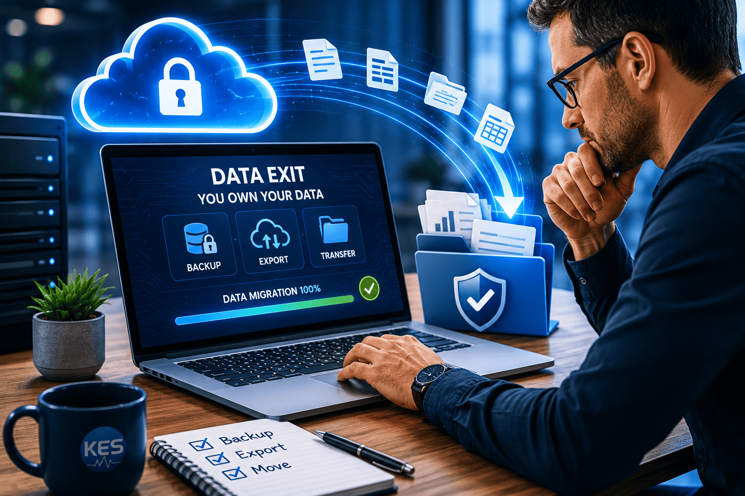 Man sits at a desk using a laptop displaying a ‘Data Exit – You Own Your Data’ interface with Back Up, Export, and Transfer options and a 100% data migration progress bar, under a glowing cloud security icon.