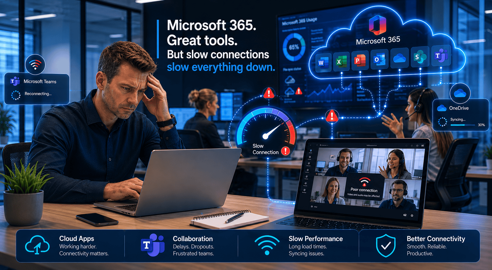 Microsoft 365 and Teams performance affected by poor broadband and Wi-Fi connectivity in an SME office