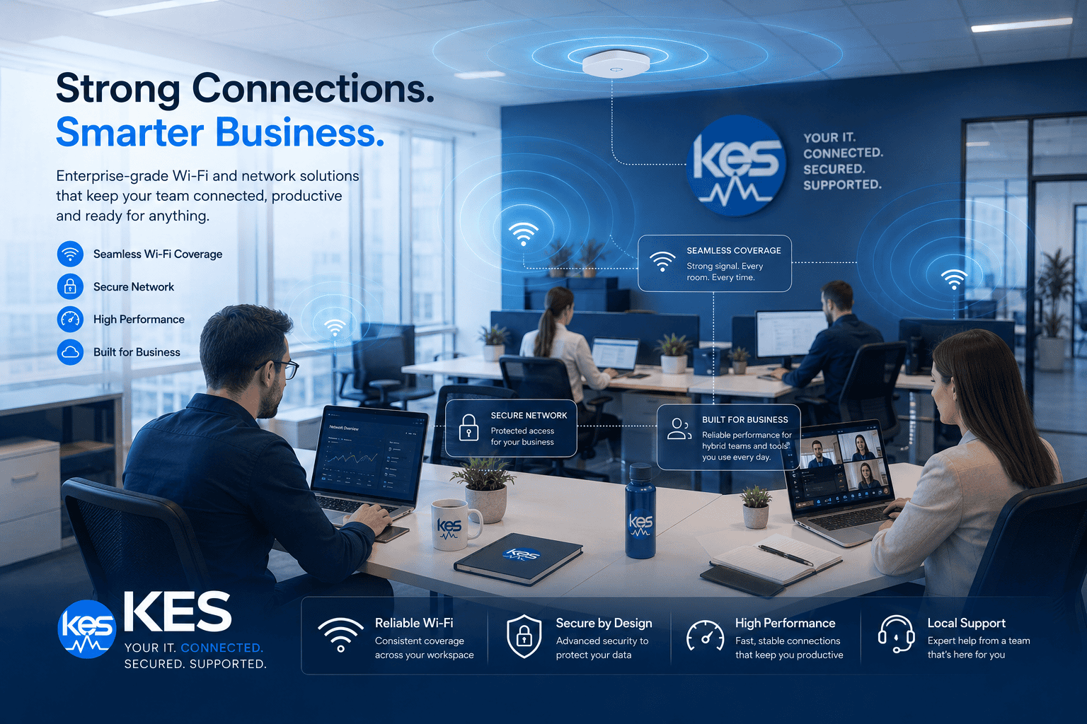 KES banner in a modern office promoting enterprise Wi‑Fi and network solutions: 'Strong Connections. Smarter Business.' with icons for seamless coverage, secure network, high performance, built for business.