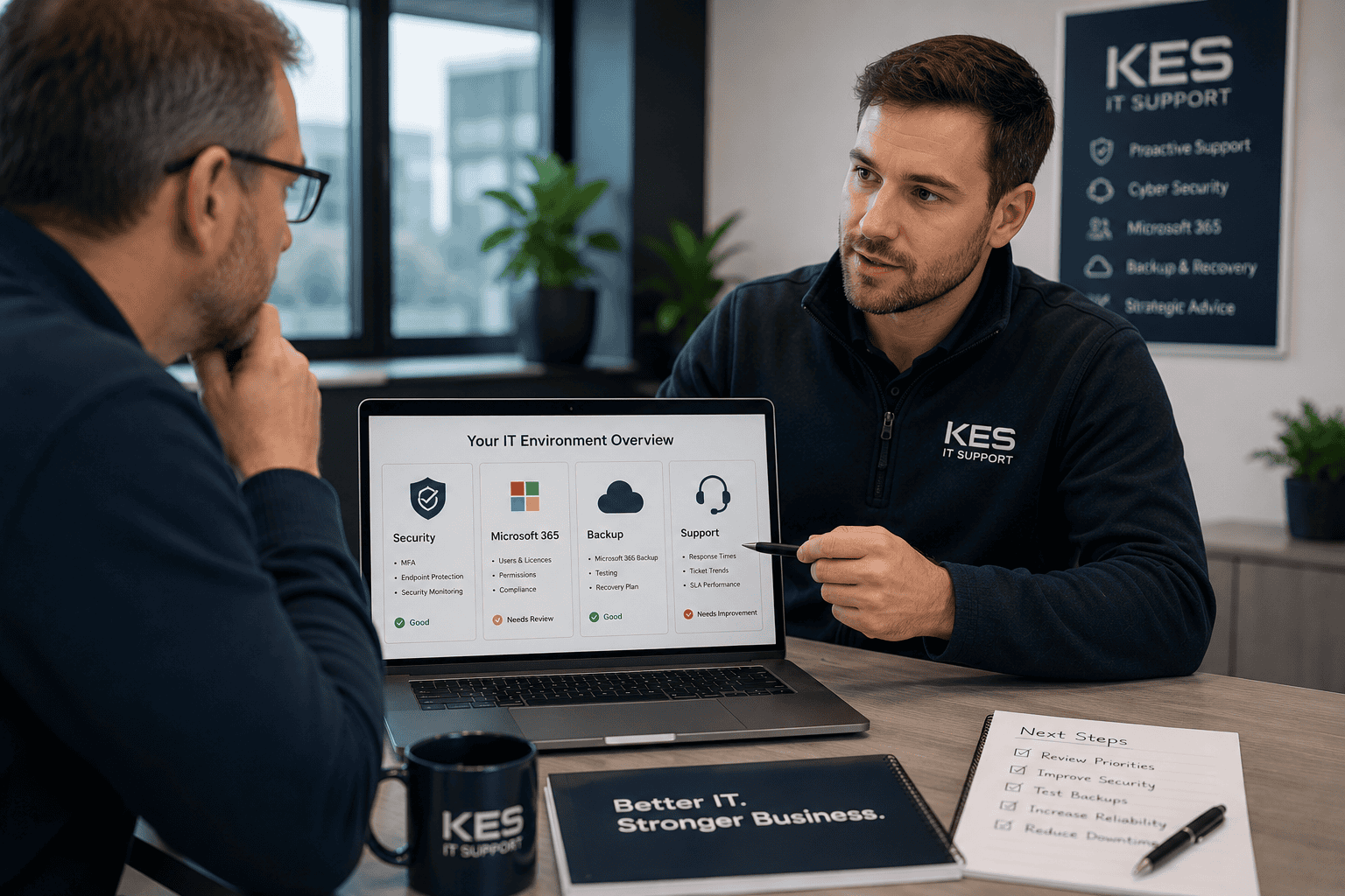 Two men discuss IT services at a desk, looking at a laptop screen titled 'Your IT Environment Overview' with four cards: Security, Microsoft 365, Backup, and Support.