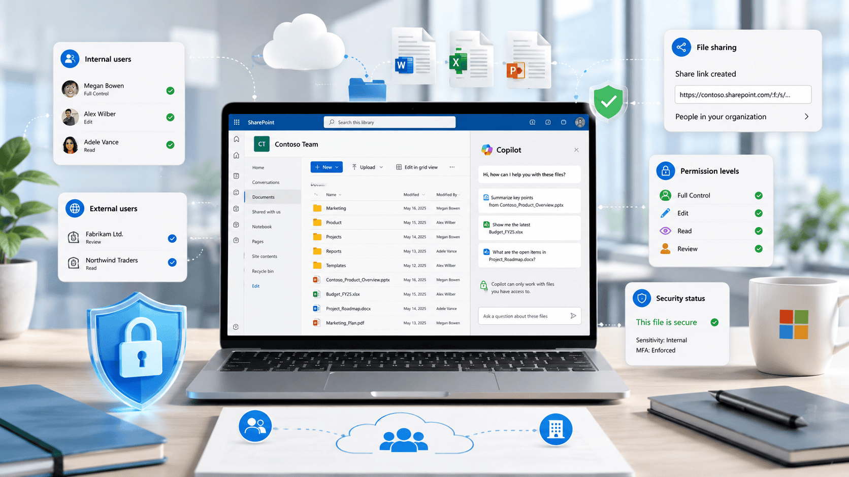 SharePoint workspace on a laptop surrounded by cloud and file icons, illustrating secure cloud collaboration and access controls.