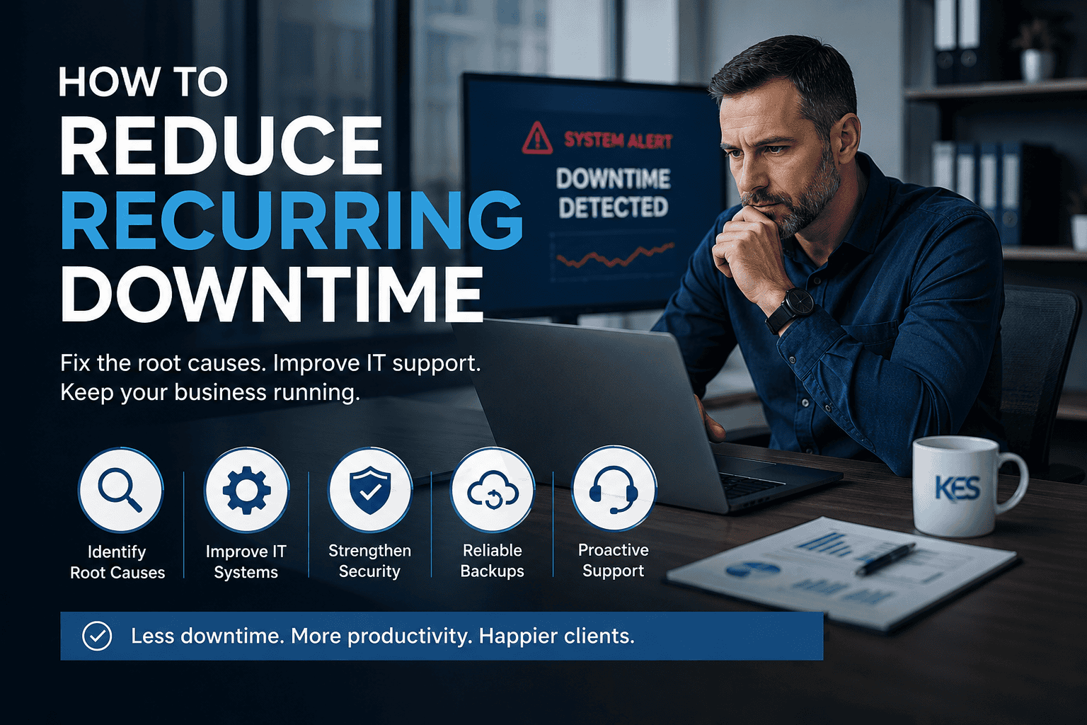 Business owner reviewing IT downtime alert as part of reducing recurring downtime