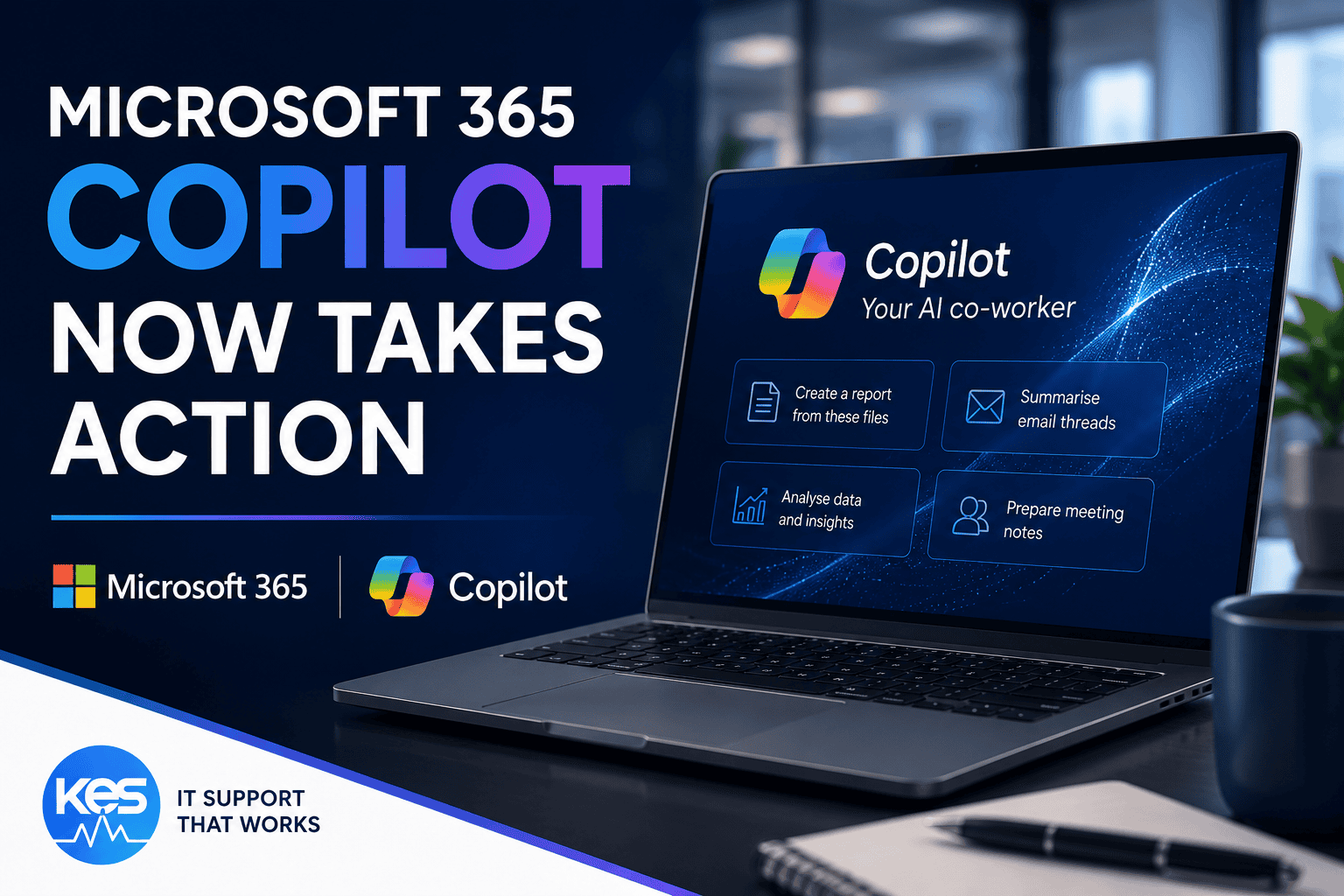 Microsoft 365 Copilot with new AI action capabilities displayed on a laptop for business productivity