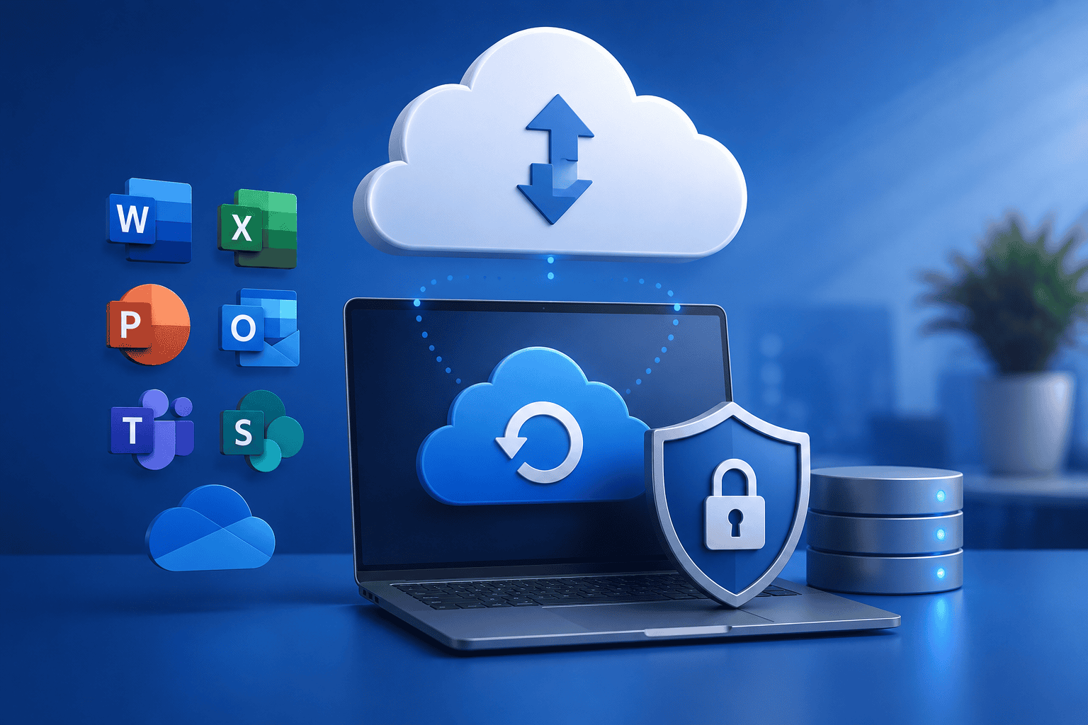 Microsoft 365 backup and recovery concept with cloud storage, restore arrows and security shield
