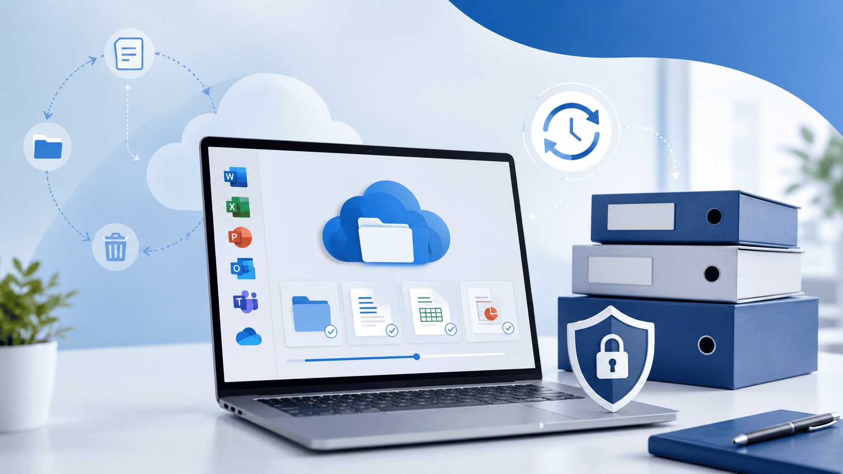 Illustration of a business laptop and cloud storage icons representing a Microsoft 365 cloud storage update