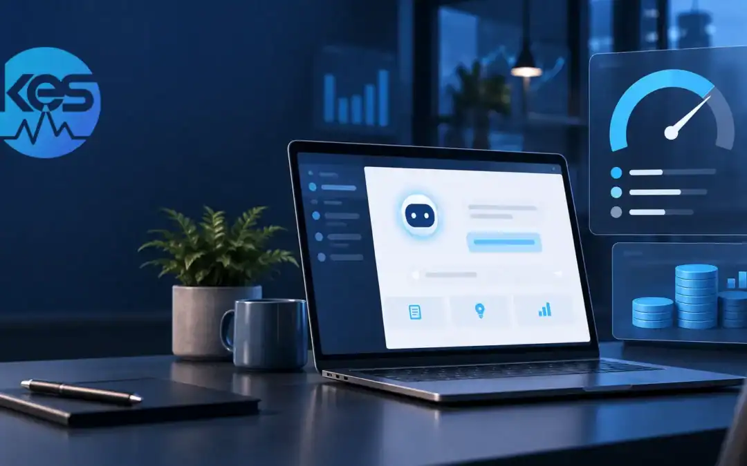 Laptop displaying an AI assistant beside Copilot credit spending and usage controls