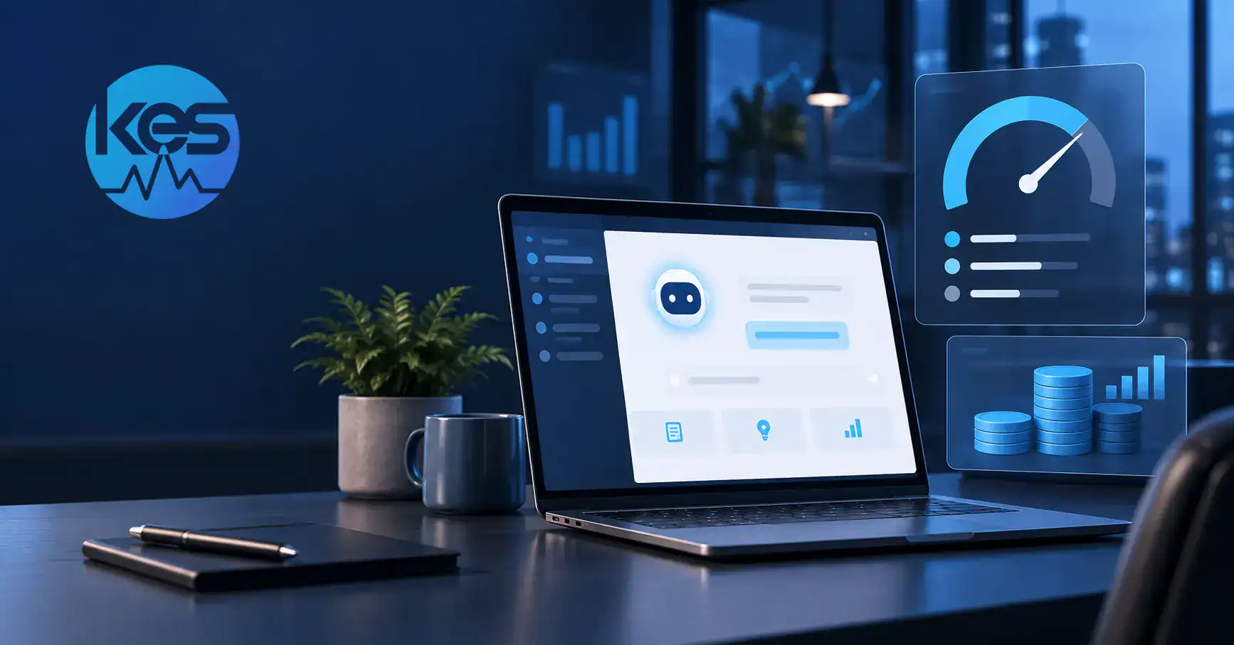 Laptop displaying an AI assistant beside Copilot credit spending and usage controls