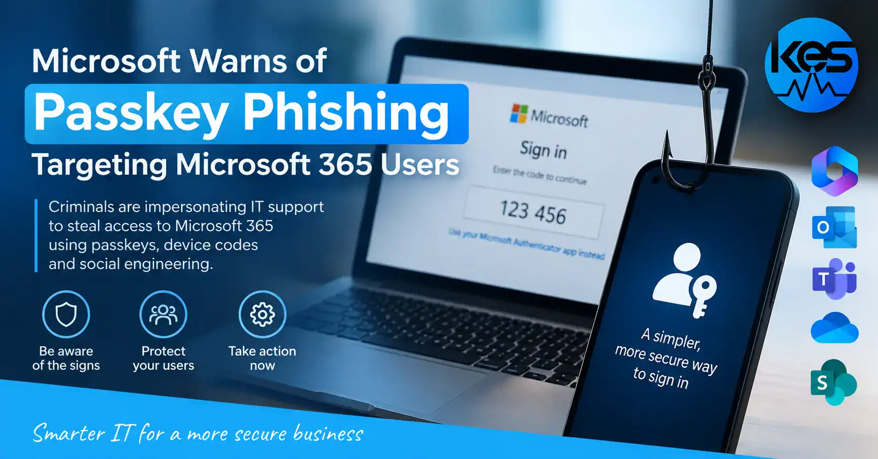 Microsoft 365 passkey phishing warning showing fake sign-in and IT support social engineering