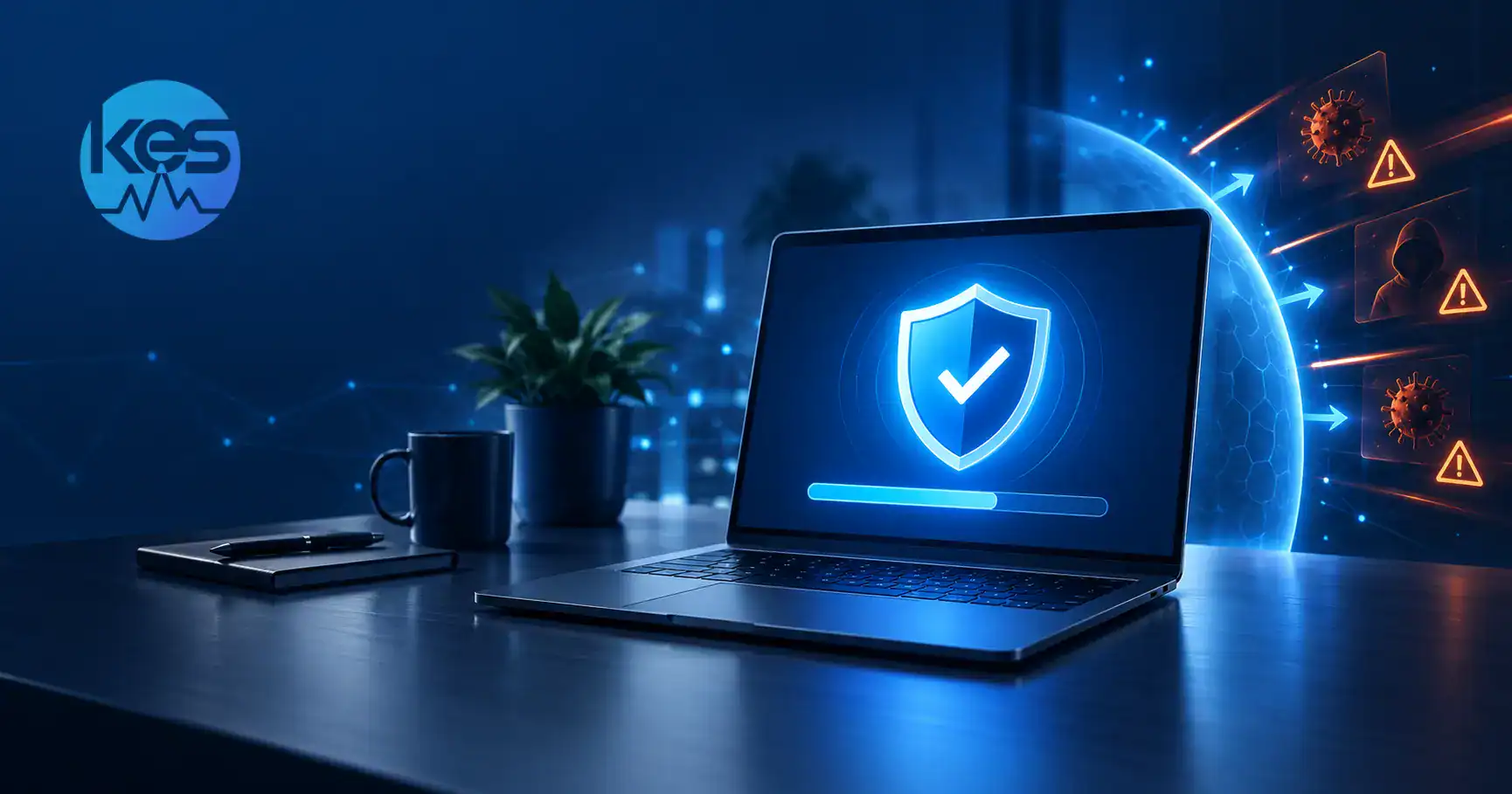 Business laptop installing a Microsoft security update while cyber threats are blocked
