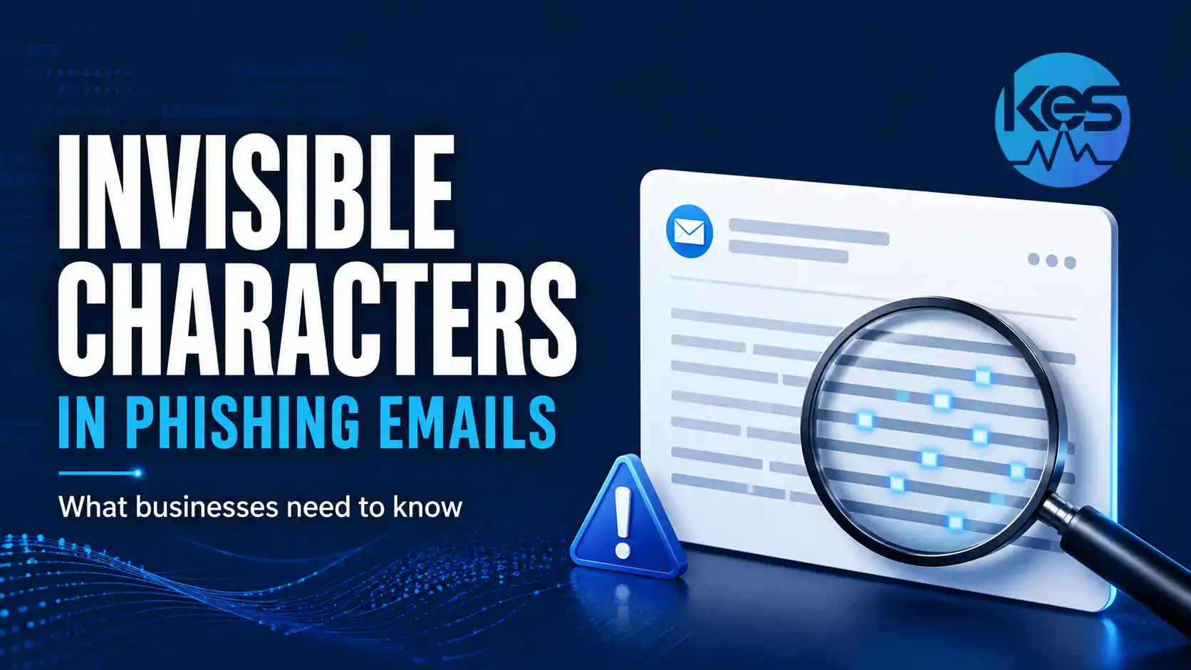 Magnifying glass revealing hidden characters in an illustrated phishing email