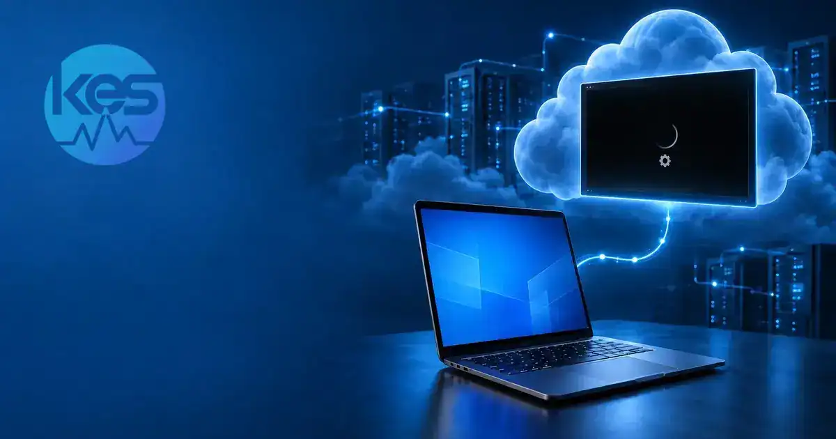 Laptop connected to a cloud virtual desktop displaying a black loading screen