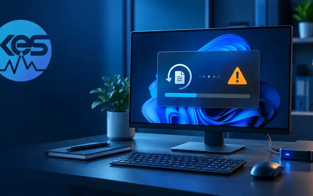 Windows 11 computer showing a File History backup warning beside an external drive