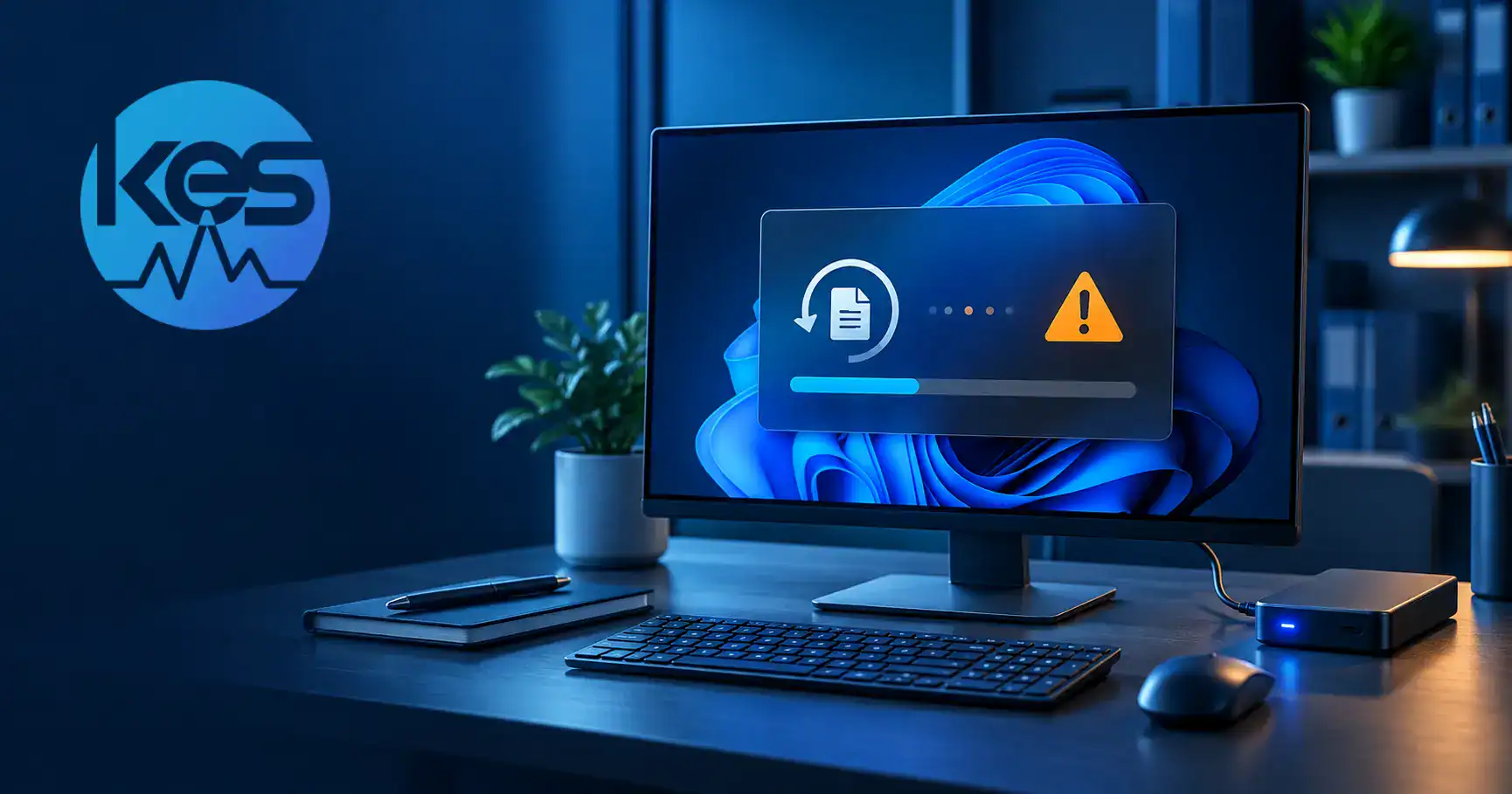 Windows 11 computer showing a File History backup warning beside an external drive