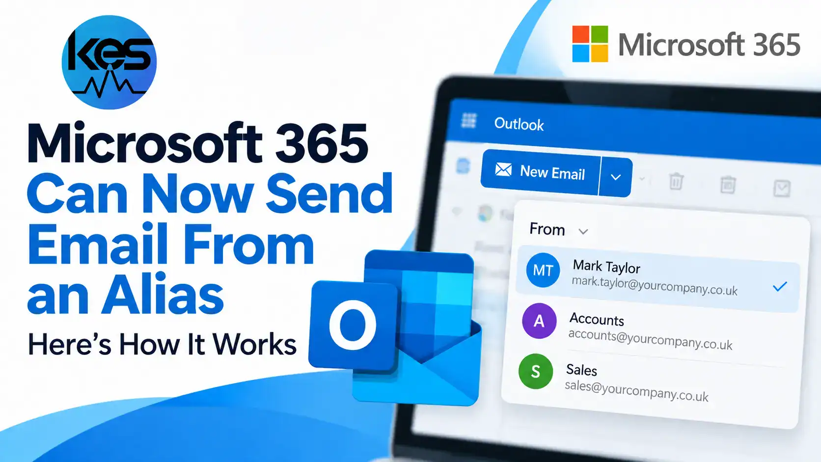 Outlook showing how to send email from an alias in Microsoft 365