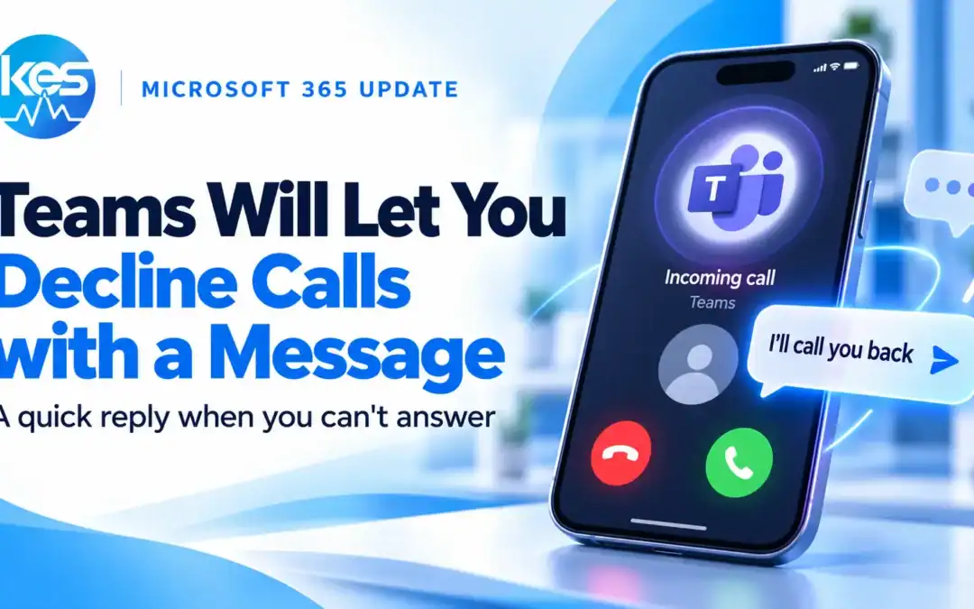 Banner announcing a Microsoft Teams update to decline calls with a message; phone screen shows an incoming Teams call and a 'I'll call you back' message bubble.