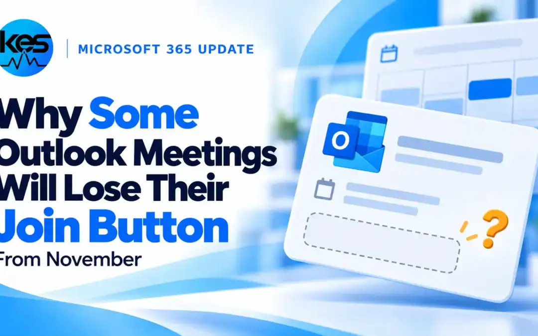 KES illustration of the Outlook Join button missing from a meeting card, highlighting changes from November 2026.