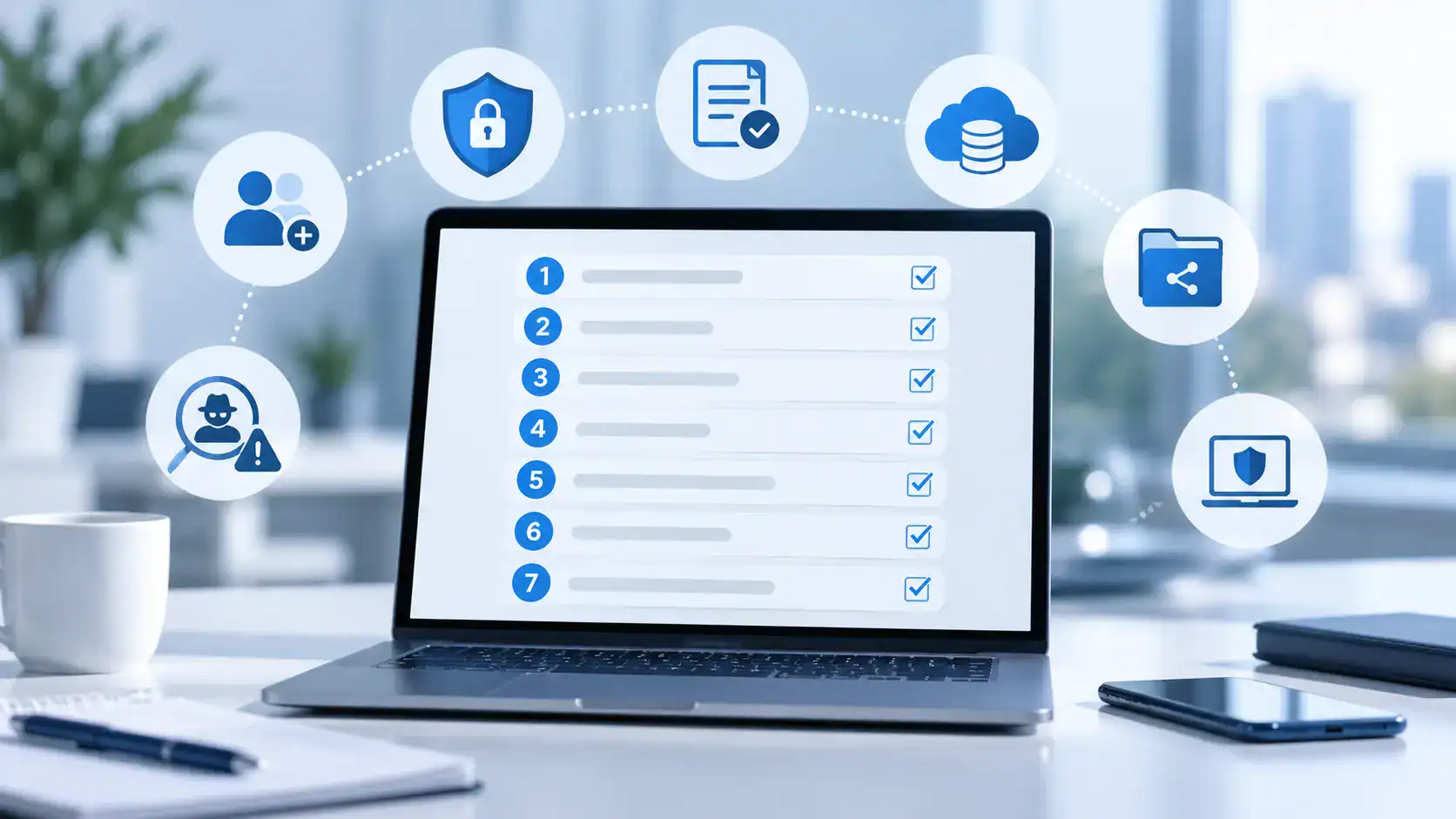 Seven Microsoft 365 Checks Worth Making – KES | KES Laptop displaying a seven-point Microsoft 365 business checklist covering users, security, licensing, backup, sharing and device protection.